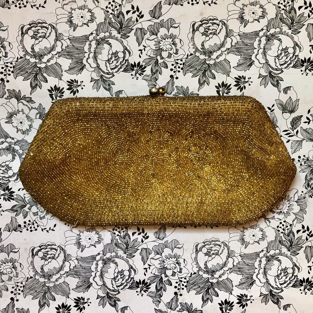 Vintage 1950s Bronze / Gold Beaded Clutch Purse - Richere - Evening Bag - Japan